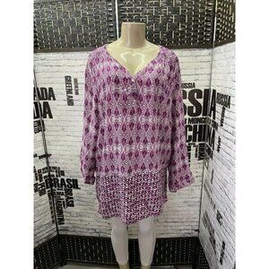 Tantrums XL Purple Print V-Button Neckline Roll-Tab Sleeve Top